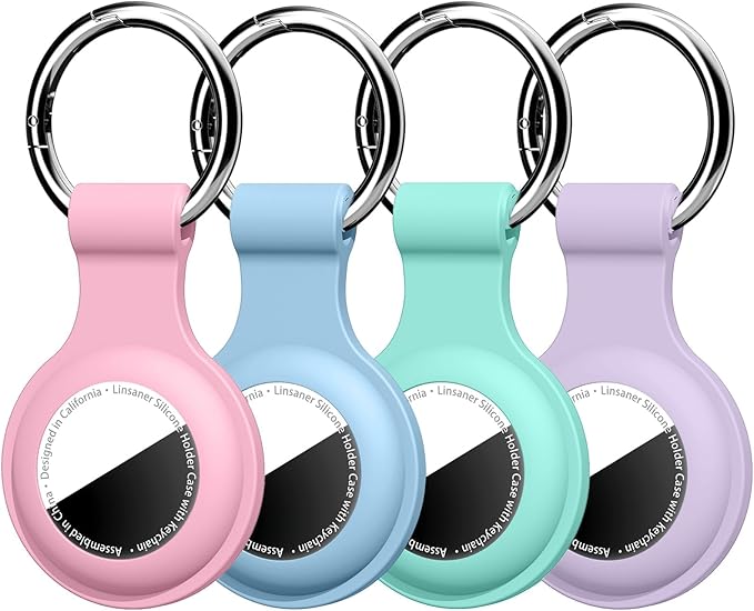 [4 Pack] Compatible with AirTag Holder Keychain Silicone Key Ring Cases Tags Chain for Apple for Air Tag GPS Item Finders Accessories, Pink/Grey Blue/Mint Green/Purple