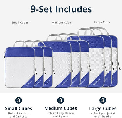 9 Set Compression Packing Cubes for Travel - Compressible, Lightweight, and Space-Saving Packing Cubes, Travel Essentials for Women, Royal Blue