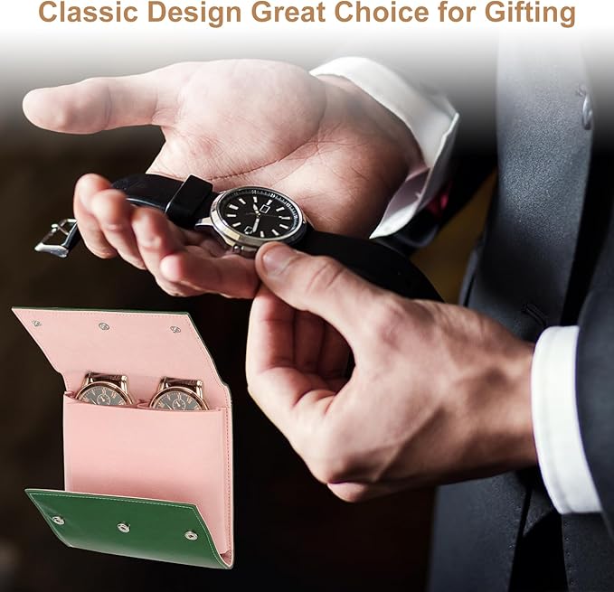 HARFINGTON Watch Roll Travel Case, 2 Slots Portable Leather Watch Cases for Men and Women, Watches Storage Organizer for Traveling Display Home Storage, Green