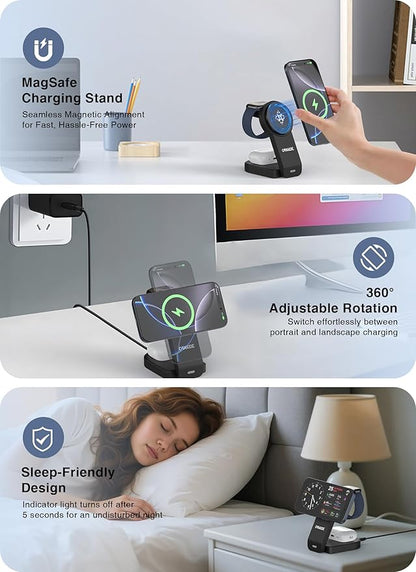 Wireless Charger for Apple MagSafe, Foldable 3 in 1 Wireless Charging Station Magnetic Charger Stand for iPhone 17/16/15/14/13/12 Series/Apple Watch10-2/Airpods (Black)