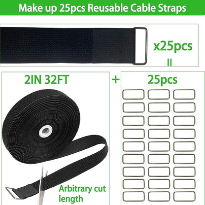 2inx32ft Hook and Loop Cable Straps with 25 Metal Buckles, Adjustable Fastening Straps, Reusable Free Cut Length Cord Straps