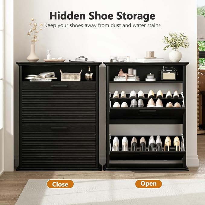 Fluted Shoe Cabinet for Entryway, Modern Shoe Storage Organizer with 2 Flip-Down Drawers & Adjustable Shelves, Hidden Narrow Slim Shoe Rack for Hallway, Mid-Century Modern Furniture, Black