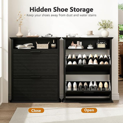 Fluted Shoe Cabinet for Entryway, Modern Shoe Storage Organizer with 2 Flip-Down Drawers & Adjustable Shelves, Hidden Narrow Slim Shoe Rack for Hallway, Mid-Century Modern Furniture, Black
