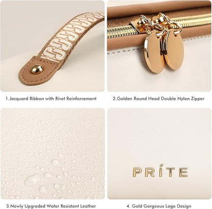 Prite Makeup Bag for Women Travel Waterproof Vegan Leather Cosmetic Bag Open Flat Toiletry Bag With Clear Divider and Handle (Large Beige)