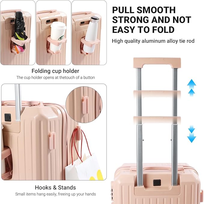 Carry-on Luggage with Cup Holder & USB Charging Port, Hard Side Luggage with Spinner Wheels, Lightweight Luggage for Travel, Business (Pink, Carry-On 20-Inch)
