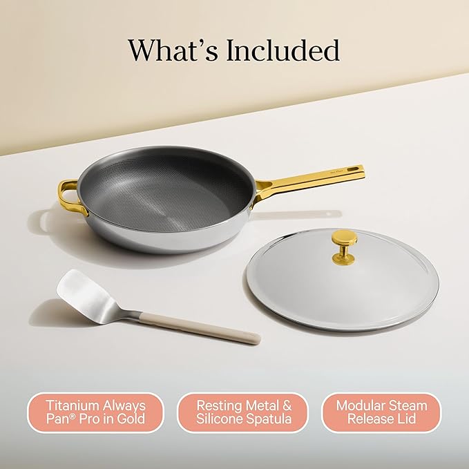 Our Place Large Titanium Always Pan Pro | 12.5" PFAS-Free Nonstick Frying Pan with Spatula | Chef-Grade Tri-Ply Stainless Steel & Aluminum Build | Induction & Oven-Safe up to 750°F | Gold