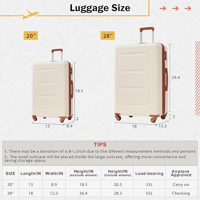 Merax Luggage Sets 2 Piece Suitcase Set, Hardshell 20 IN & 28 IN Suitcase Set with Duffel Bag, Travel Suitcases with Spinner Wheels and TSA Lock(Khaki & Brown)