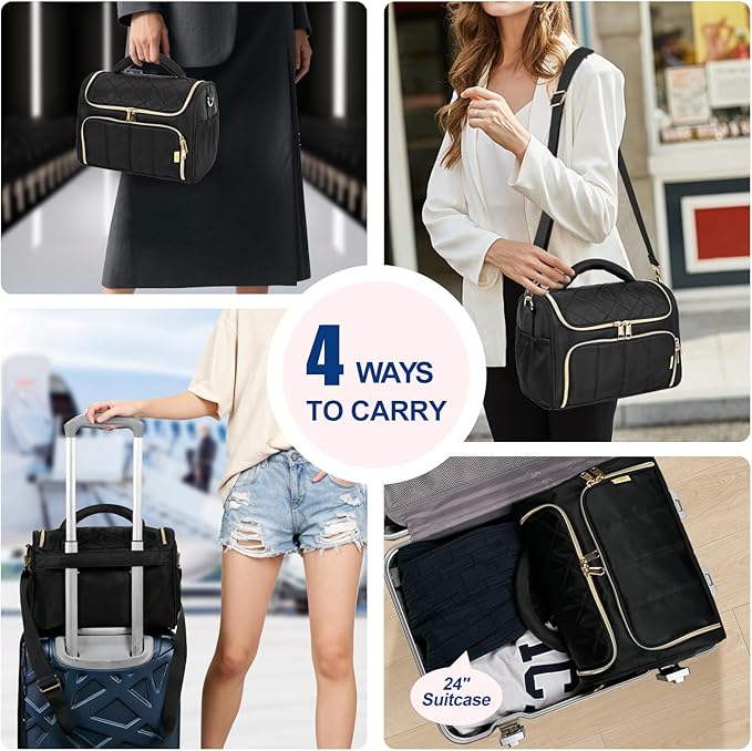 Travel Toiletry Bag Large Cosmetic Makeup Bag Organizer for Women,Wide-open Make Up Bag Waterproof Makeup Case Travel Bag with Handle and Dividers for Toiletries,Essentials,Accessories,Black