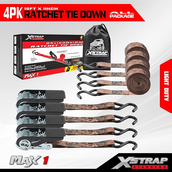 XSTRAP STANDARD Ratchet Tie Down Straps 4 Pk 10 Ft- 300 Lbs Load Cap- 900 Lbs Break Strength-Cargo Straps for Hunting, UTV, ATV, Pickup, Truck, Moving Appliances, Lawn Equipment, Camouflage