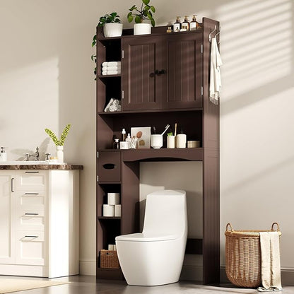 Gizoon Over The Toilet Storage Cabinet, Over Toilet Bathroom Organizer with Adjustable Shelves and 2 Doors, Over Toilet Storage Cabinet with Paper Holder, 2 Side Hooks, Space-Saver, Dark Brown