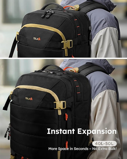 Tolaccea Carry on Travel Backpack, TSA Friendly Flight Approved Laptop Backpack Duffle Bag for Men Women with Dual Laptop Storage for 17.3", USB Charging Port, Business Rucksack 40L-50L Expandable