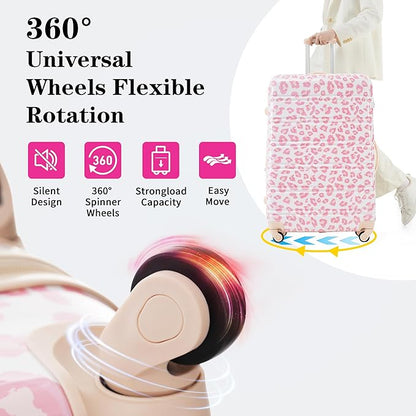 Merax Leopard Print Luggage Sets, 3 Piece Expandable Suitcase Set with Spinner Wheels,Large Checked Travel Suitcases and Carry On Travel Luggage, 100% PC, TSA Lock,Pink