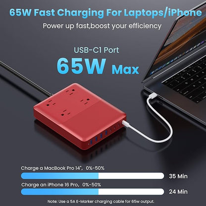 12-in-1 Charging Station USB C Power Strip with 5ft Cord,200W GaN IV USB C Charger Block,4 AC Outlets,8 USB for MacBook,iPhone 16/15/14,Fast Charging Desktop Charger for Office (Red)