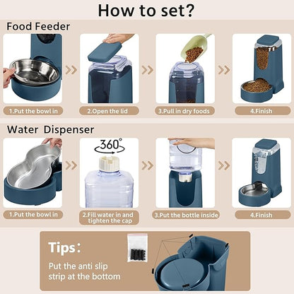 2 Pack Automatic Cat Feeder and Dog Food Feeder, Gravity Stainless Steel Water Dispenser and Waterer Set for Small Medium Puppy Kitten Pets (1 Gallon x 2, Navy Blue)