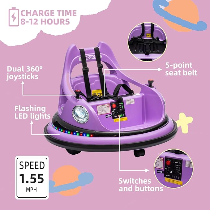 12V Bumper Car for Kids, Bumper Car for Toddlers W/Remote Control, Electric Ride On Car with LED Lights & 360 Degree Spin, Bluetooth, Anti-Collision Padding, Safety Belt, DIY Stickers,Purple