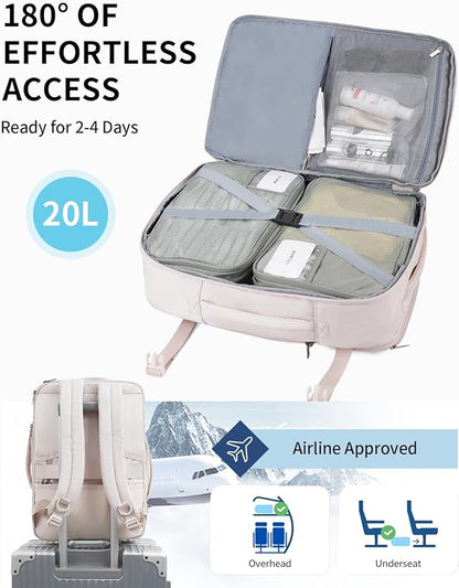 ECOHUB 17" Small Unisex Travel Backpack United Airlines Approved 17x10x9 Friendly Suitcase Anti-Theft Lockable Zippers Style Personal Item Bag Travel Essentials with 12 Pockets Water Resistant, White