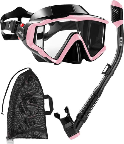 Aegend Snorkeling Gear for Adults Youth Kids, Dry Snorkel Set Panoramic View Enhanced Anti-Leak and Anti-Fog Technology, Adjustable Strap for Snorkeling Scuba Diving Swimming with Mesh Bag