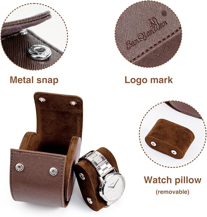SANQIANWAN Single Travel Storage Watch Roll Portable PU Leather Watch Case Box for Men with Button Style Removable Watch Pillow Watch Display Roll (Brown)
