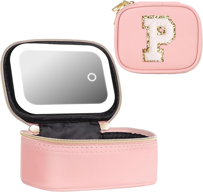 Mini Initial Makeup Bag With Led Mirror With Lights Gifts For Women Girls, Small Makeup Box For Travel Gift, Cosmetic Bag Make Up Organizer Personalized Bags Birthday Christmas Gifts For Womens (P)