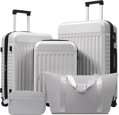 Merax Luggage Sets 5 Piece,Hardshell Expandable Suitcase with Spinner Wheels and Travel Bags,Lightweight Carry on Luggage,20/24/28IN,White Grey