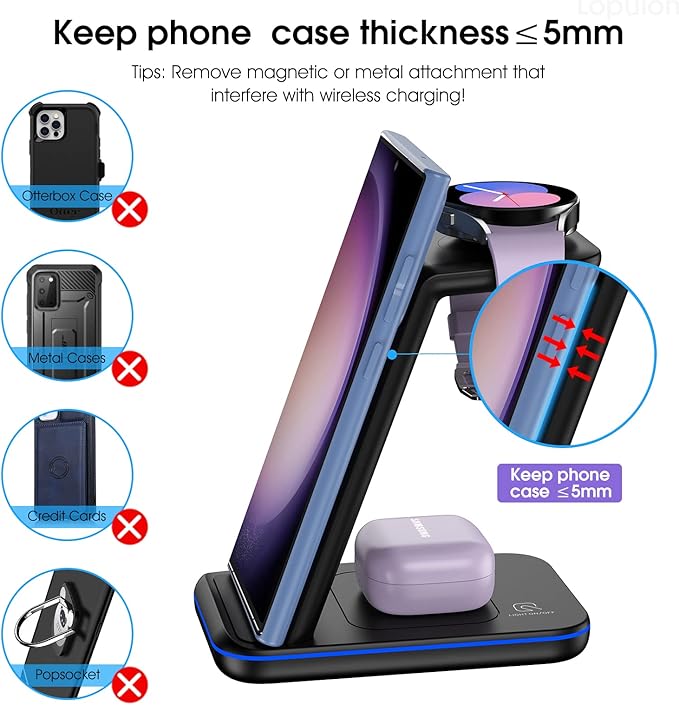 Wireless Charging Station for Samsung/Android, Fast Wireless Watch Charger Station Compatible for Samsung Galaxy S25 Ultra/S24/S23+/Z Flip 7/6 Fold 7/6, Watch8/7/Pro/Active 2 Galaxy Buds3/2 Pro(Black)