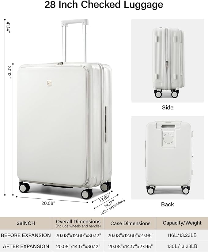 Hanke Expandable 28 Inch Luggage with Spinner Wheels Top Opening Travel Luggage Hard Shell Rolling Suitcases Large Lightweight Checked Luggage with Cup Holder(Smoke White)