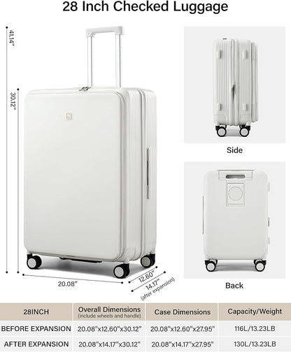 Hanke Expandable 28 Inch Luggage with Spinner Wheels Top Opening Travel Luggage Hard Shell Rolling Suitcases Large Lightweight Checked Luggage with Cup Holder(Smoke White)