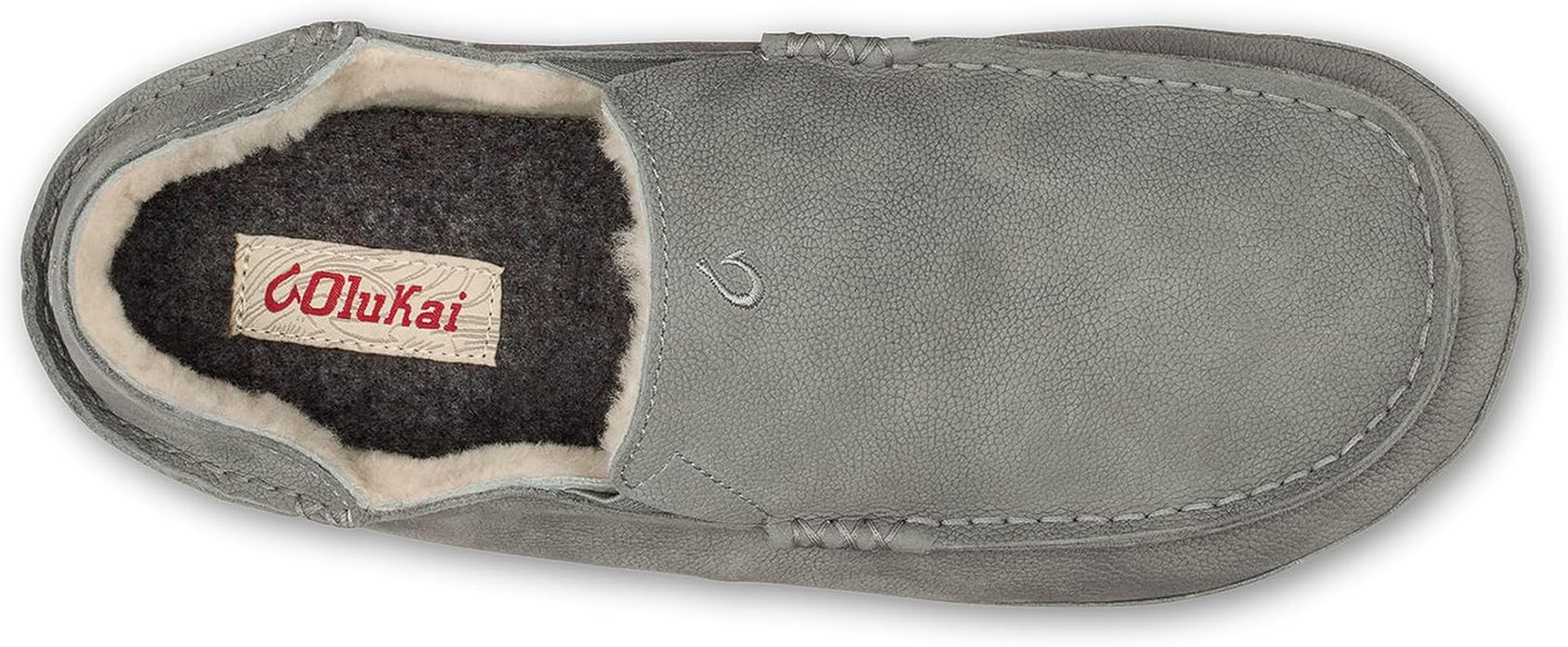 OLUKAI Moloa Slipper, Men's Premium Leather Slip-On Shoes, Soft Genuine Shearling Lining & Gel Insert, Drop-In Heel & All-Day Comfort