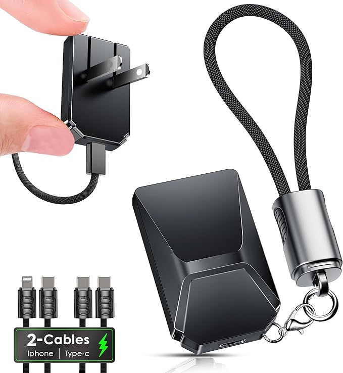 USB C Charger for iPhone 16/15 Charger Fast Charging,GaN Keychain Design Fast Wall Charger Block with USB C to C & C to Lightning Cable,Christmas Gift for men,Foldable and Compact for iPhone(Black)