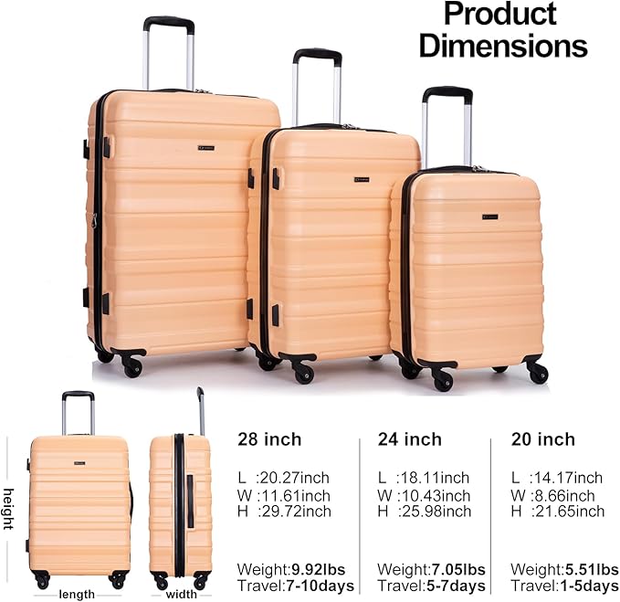 Travelhouse Luggage Sets, Expandable Hardside Suitcases 24in/28in, Carry on 20in,3 Piece Set Travel Luggages Clearance with Double Spinner Wheels TSA Lock Lightweight (Peach-66)
