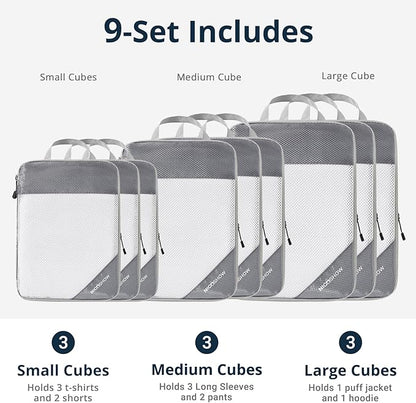 9 Set Compression Packing Cubes for Travel - Compressible, Lightweight, and Space-Saving Packing Cubes, Travel Essentials for Women, Grey