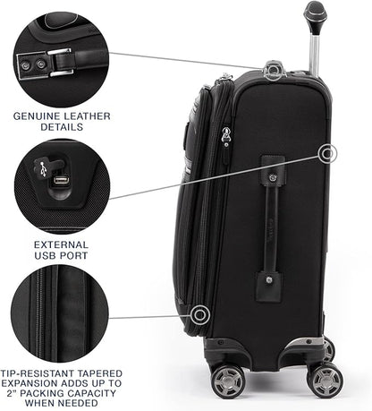Travelpro Platinum Elite Softside Expandable Carry on Luggage, 8 Wheel Spinner Suitcase, USB Port, Laptop and Tablet Sleeves, Men and Women, Shadow Black, Carry On 20-Inch