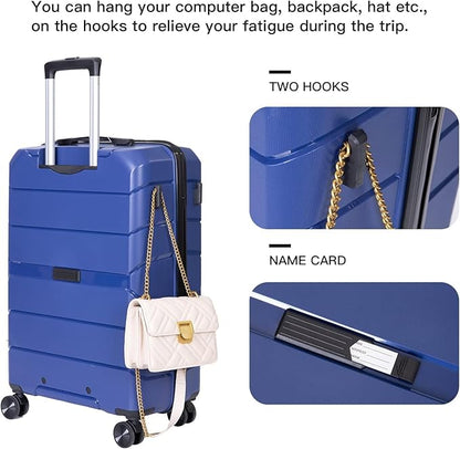 Luggage Sets Wear-Resistance Hardside Lightweight Suitcase Double Spinner Wheels, TSA Lock,Two Hooks, Scratch-resistant Carry-on,3 Piece Set(20inch 24inch 28inch) (Blue)