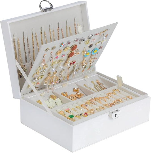 BOOVO Earring Jewelry Box For Women Girl Stud Organizer, 4 Layers Girl Jewelry Organizer Box With Lock Earring Holder Organizer Necklace Ring Jewelry Organizer Box For Girls (White, 4 layer)