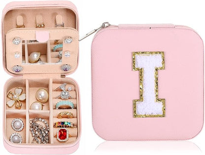 Small Jewelry Box Travel Jewelry Case Jewelry Holder Organizer,Travel Essentials Box Jewelry Organizer,Personalized Birthday Gifts for Teen Girls Women Initial I, pink
