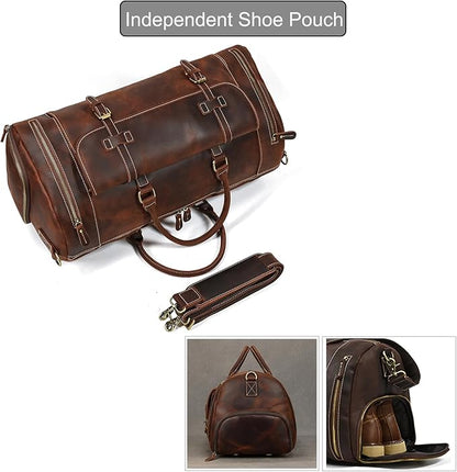 Full-grain Genuine Leather Travel Bag Large Capacity Duffel Luggage Bag with Shoe Compartment, Men Women Shoulder Bag for Weekend Holiday Business Trip, 58cm