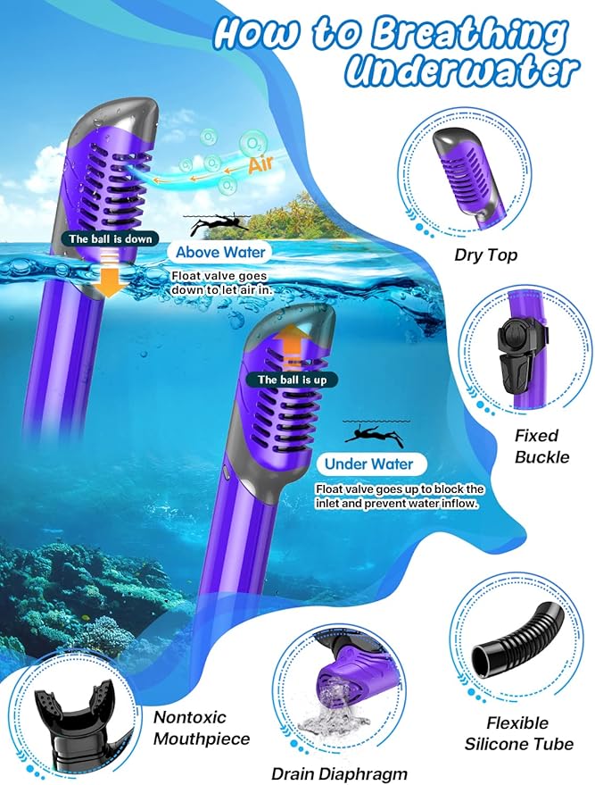 Zenoplige Mask Fins Snorkel Set, Snorkeling Gear for Adults, Panoramic View Snorkel Mask Anti-Fog, Adjustable Dive Flippers, Dry Top Snorkel and Travel Bag, Scuba Gear for Swimming Snorkeling Diving