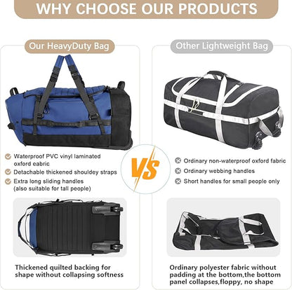 CONTAIL 86L Wheeled Duffel Bag, Soft Shell with Adjustable Web Handles, Carry On Size 29.5x14.2x12.6in, Foldable with Dual Wheels & Shoe Compartment,Navy