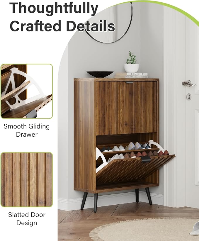 Fluted Shoe Storage for Entryway, Walnut Hidden Cabinet with Metal Legs, Organizer with Flip Doors, Slim Entryway Storage