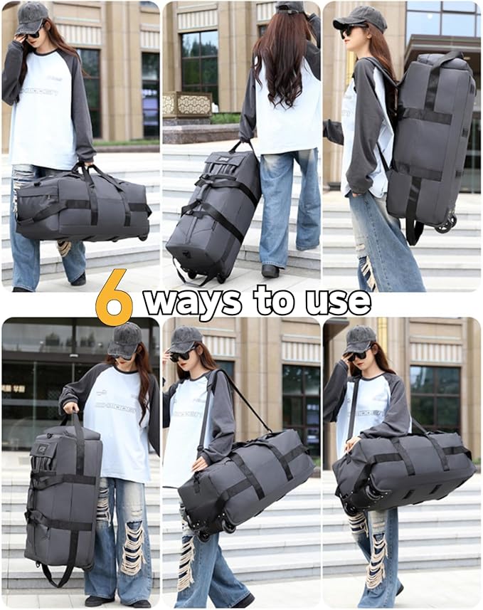 Rolling Duffle Bag with Wheels, 92L 34” Folding Duffle Backpack Soft-Sided with 2 Wheels, 6-way Carry-On Large Travel Bag Men/Women Multiple Pockets for Long Trip, Black
