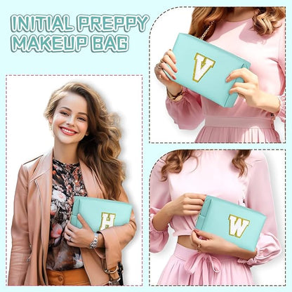 TOPEAST Preppy Small Makeup Bag, Chenille Letter Pouch Cosmetic Bag With Zipper, PU Leather Waterproof Toiletry Bag, Personalized Birthday Gift for Women, Cute Stuff for Girls (Blue D)