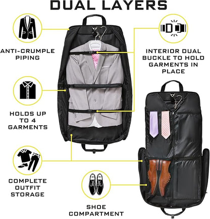 Premium Suit Garment Bag Carry On - Hangs 4 Suits - Travel & Business with Shoulder Strap and Laptop Compartment