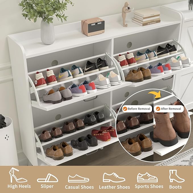 Shoe Cabinet with 4 Flip Drawers, Large Hidden Shoe Storage Cabinet Slim, Freestanding Farmhouse Shoe Organizer Cabinet for Entryway, Narrow Shoe Cabinet with Wooden Legs, White