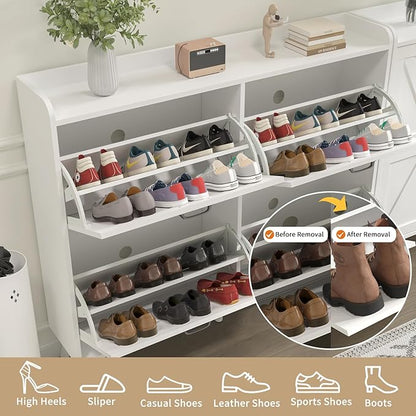 Shoe Cabinet with 4 Flip Drawers, Large Hidden Shoe Storage Cabinet Slim, Freestanding Farmhouse Shoe Organizer Cabinet for Entryway, Narrow Shoe Cabinet with Wooden Legs, White