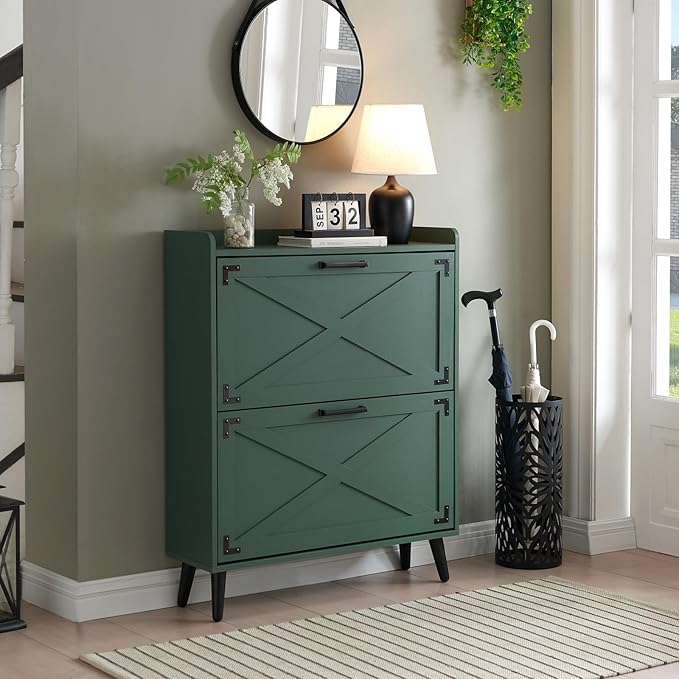 Shoe Storage Cabinet,Farmhouse Shoe Organizer with 2 Flip Drawers & Barn Door Design,Freestanding Hidden Slim Narrow Shoe Rack Cabinet for Entryway,Foyer,Hallway,Green
