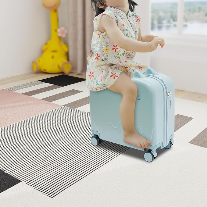 18" Ride-On Kids Suitcase with Double Spinner Wheels, Lightweight Tow-Along Luggage Carry-on Hardside Trolly Case with Password Lock, Rolling Children's Travel Luggage for Travel, School (Blue)
