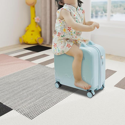 18" Ride-On Kids Suitcase with Double Spinner Wheels, Lightweight Tow-Along Luggage Carry-on Hardside Trolly Case with Password Lock, Rolling Children's Travel Luggage for Travel, School (Blue)