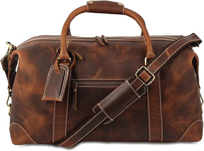 KomalC Leather Travel Duffle Bags for Men and Women Overnight Weekend Bag, Sports Gym Duffel (Dark Tan)