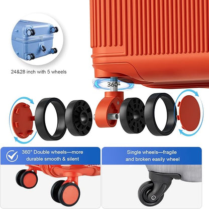 Travel Luggage Sets 3 Piece with Spinner Wheels, PC Hardside Suitcase Set for Family Trips with Cup and Phone Holder, Orange