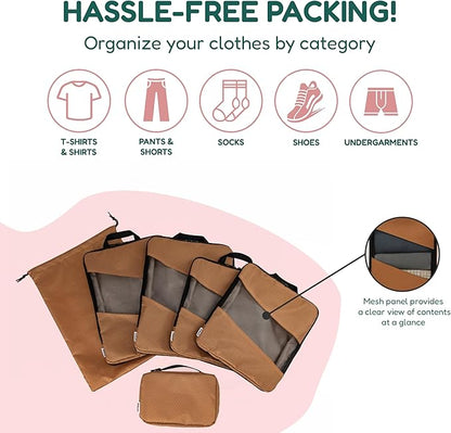 Compression Packing Cubes for Travel – 6-Pack Expandable Luggage Organizer Bags | Lightweight Storage Solution for Suitcase, Backpack & Carry-On | Travel Accessories for Men & Women (Brown & Camel)